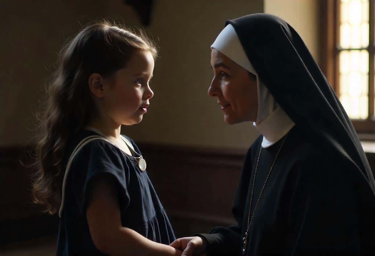 girl talking to the nun